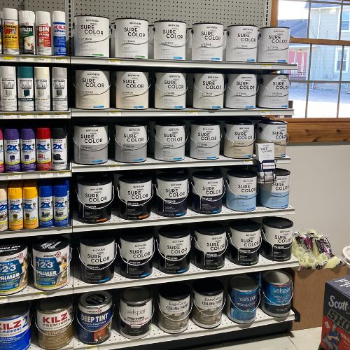 Shelves in a store display various paint cans labeled 