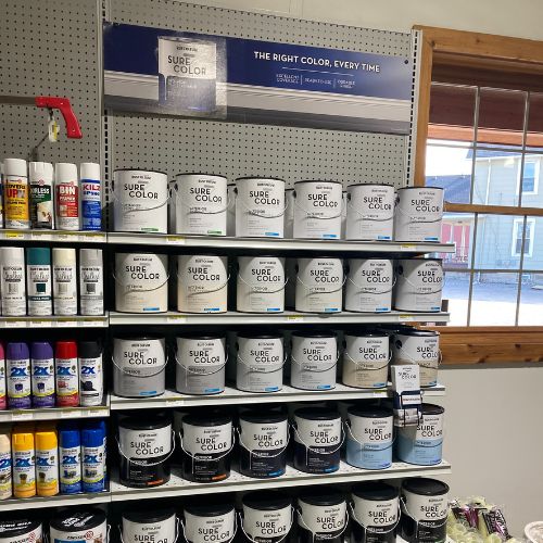 Shelves display various cans of Sure Color paint, arranged neatly. Nearby, colorful spray paint cans are visible. The scene is orderly and vibrant.