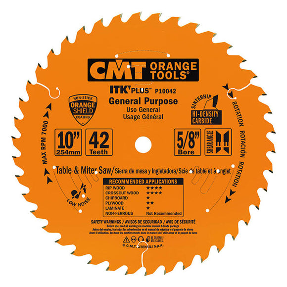 CMT P10042 ITK Plus General Purpose Saw Blade, 10 x 42 Teeth, 10° ATB+Shear with