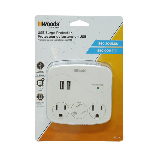Woods® 3-Outlet Surge Tap With 2 USB Ports