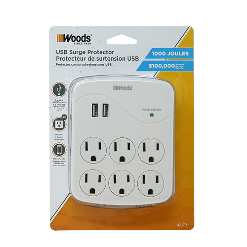 Woods® 6-Outlet Surge Tap With 2 USB Ports