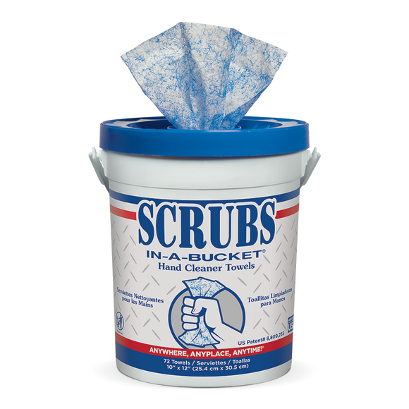 ITW Professional Brands SCRUBS Hand Cleaner Towels, Cloth, 10-1/2 x 12-1/4, Blue/White, 72/Bucket (10-1/2