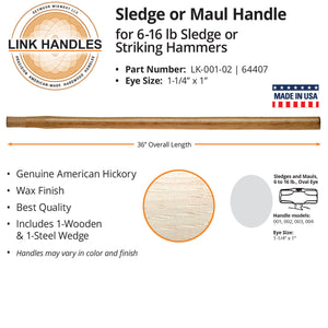 Seymour Midwest 36" Sledge or Maul Handle, For 6 To 16 Lb Sledge or Striking Hammers, Oval Eye