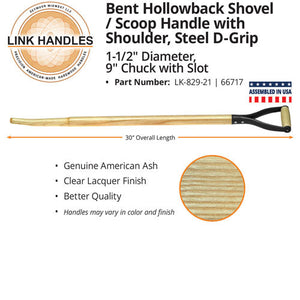 Seymour Midwest 30" bent hollowback Shovel/scoop Handle, with shoulder, 9" chuck with slot, steel D-Grip