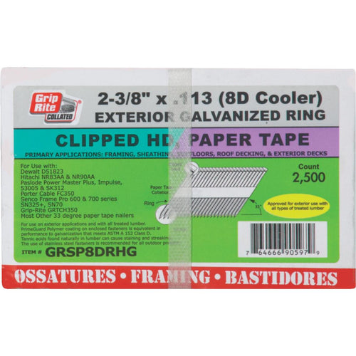 Grip-Rite 30 Degree Paper Tape Hot-Dipped Galvanized Ring Shank Clipped Head Framing Stick Nail, 2-3/8 In. x .113 In. (2500 Ct.)