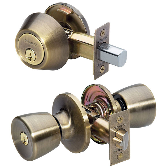 Master Lock Residential Grade 3 Door Hardware Tulip Style Knob Entry Door Lock with Single Cylinder Deadbolt; Combo Pack; Antique Brass