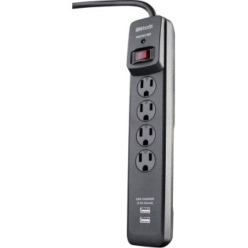 Coleman Cable 41304 Woods Brand 4 Outlet Surge Protector w/USB Charging Port + 3' Cord